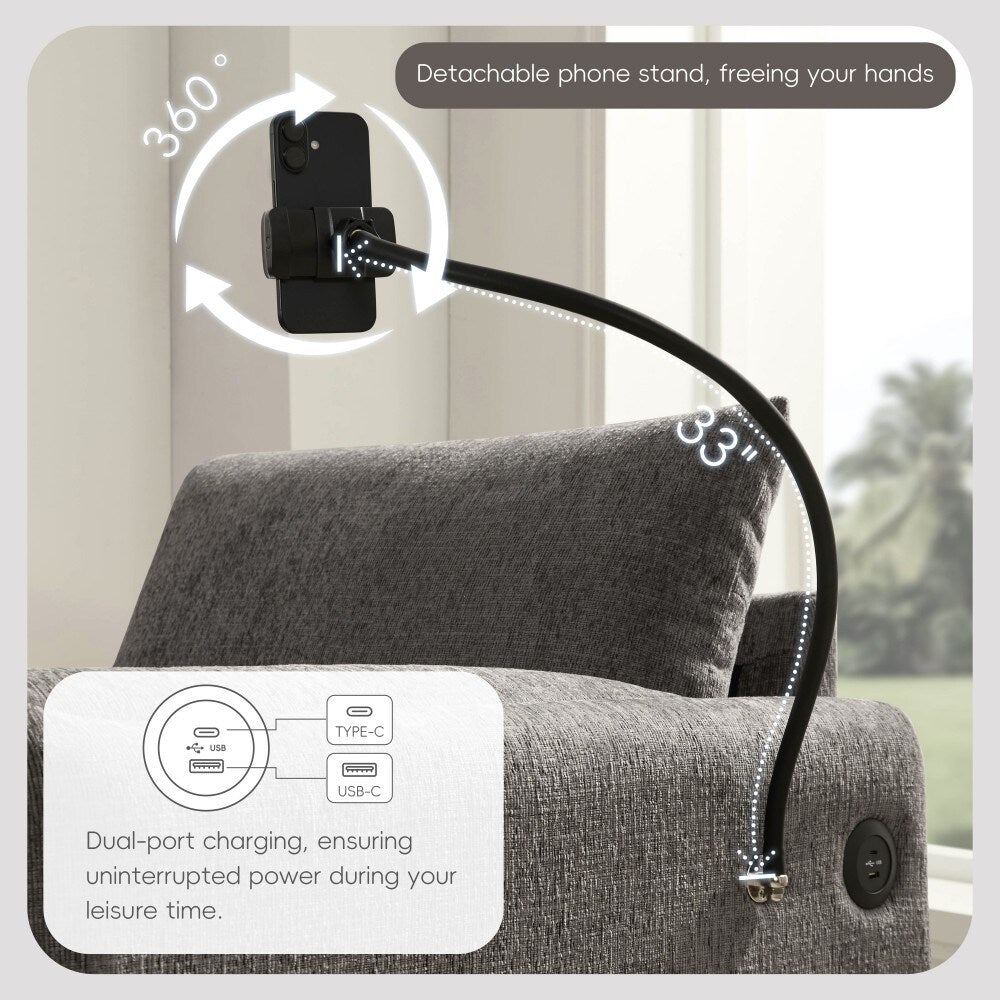 Canapé simple Chenille 38 avec pouf de rangement, chargeur USB, poches de rangement latérales et accoudoirs en forme d'oreiller.
