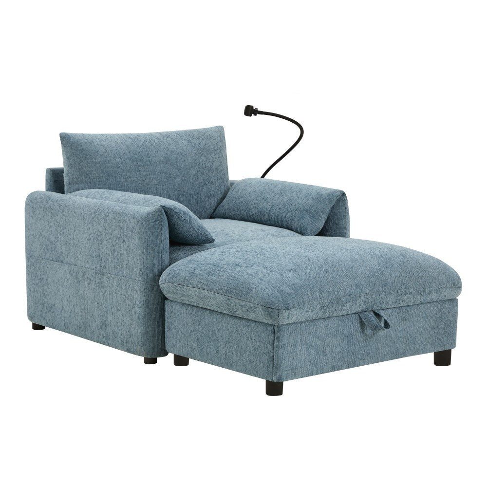 Canapé simple Chenille 38 avec pouf de rangement, chargeur USB, poches de rangement latérales et accoudoirs en forme d'oreiller.