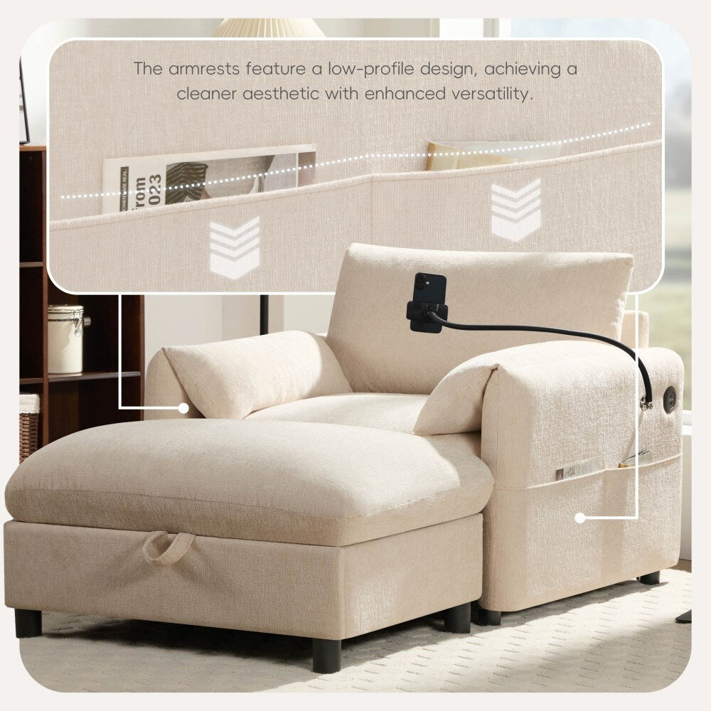 Canapé simple Chenille 38 avec pouf de rangement, chargeur USB, poches de rangement latérales et accoudoirs en forme d'oreiller.