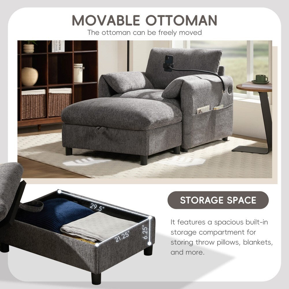 Canapé simple Chenille 38 avec pouf de rangement, chargeur USB, poches de rangement latérales et accoudoirs en forme d'oreiller.