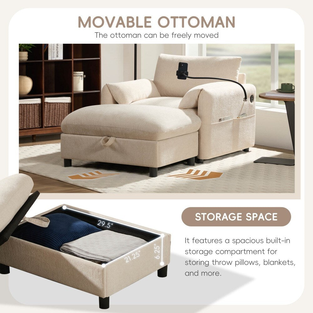 Canapé simple Chenille 38 avec pouf de rangement, chargeur USB, poches de rangement latérales et accoudoirs en forme d'oreiller.