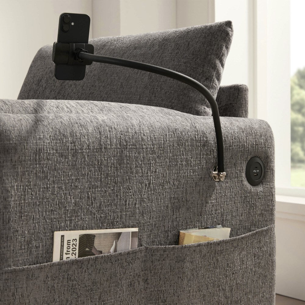Canapé simple Chenille 38 avec pouf de rangement, chargeur USB, poches de rangement latérales et accoudoirs en forme d'oreiller.