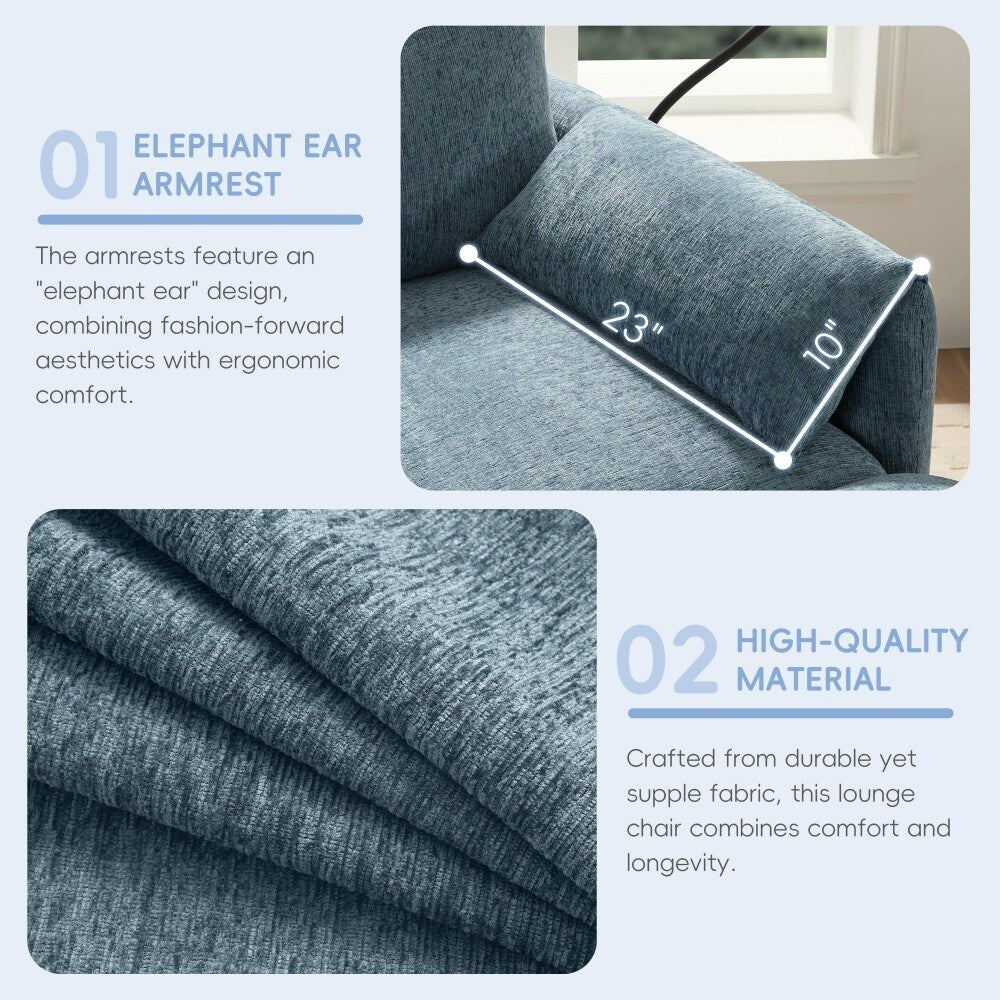 Canapé simple Chenille 38 avec pouf de rangement, chargeur USB, poches de rangement latérales et accoudoirs en forme d'oreiller.