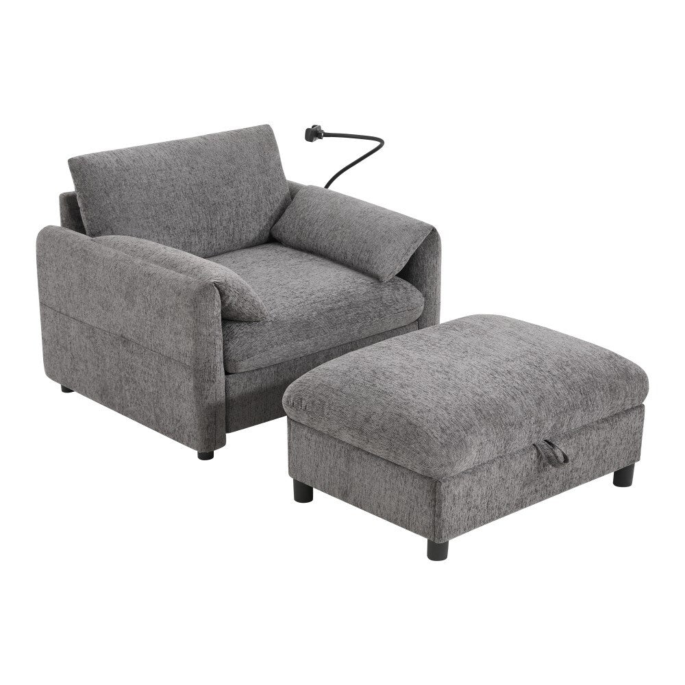 Canapé simple Chenille 38 avec pouf de rangement, chargeur USB, poches de rangement latérales et accoudoirs en forme d'oreiller.