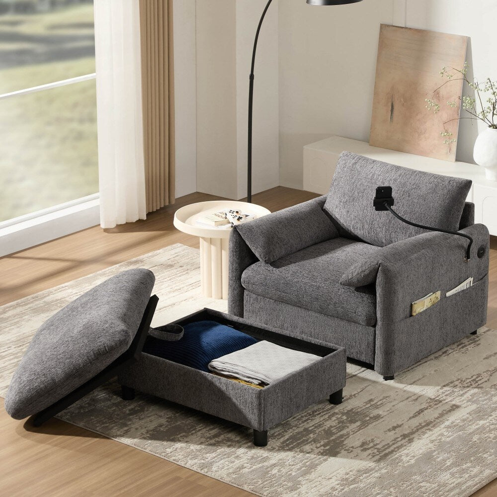 Canapé simple Chenille 38 avec pouf de rangement, chargeur USB, poches de rangement latérales et accoudoirs en forme d'oreiller.