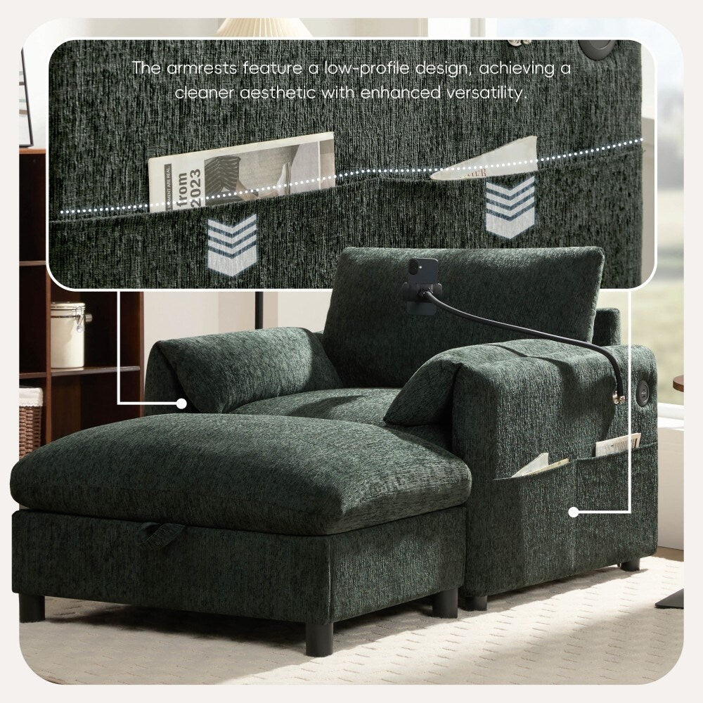 Canapé simple Chenille 38 avec pouf de rangement, chargeur USB, poches de rangement latérales et accoudoirs en forme d'oreiller.