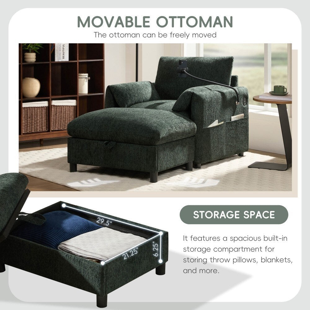 Canapé simple Chenille 38 avec pouf de rangement, chargeur USB, poches de rangement latérales et accoudoirs en forme d'oreiller.