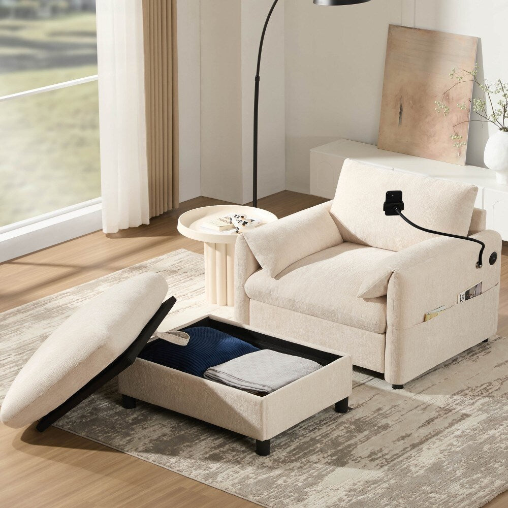 Canapé simple Chenille 38 avec pouf de rangement, chargeur USB, poches de rangement latérales et accoudoirs en forme d'oreiller.