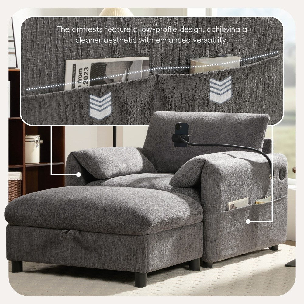 Canapé simple Chenille 38 avec pouf de rangement, chargeur USB, poches de rangement latérales et accoudoirs en forme d'oreiller.