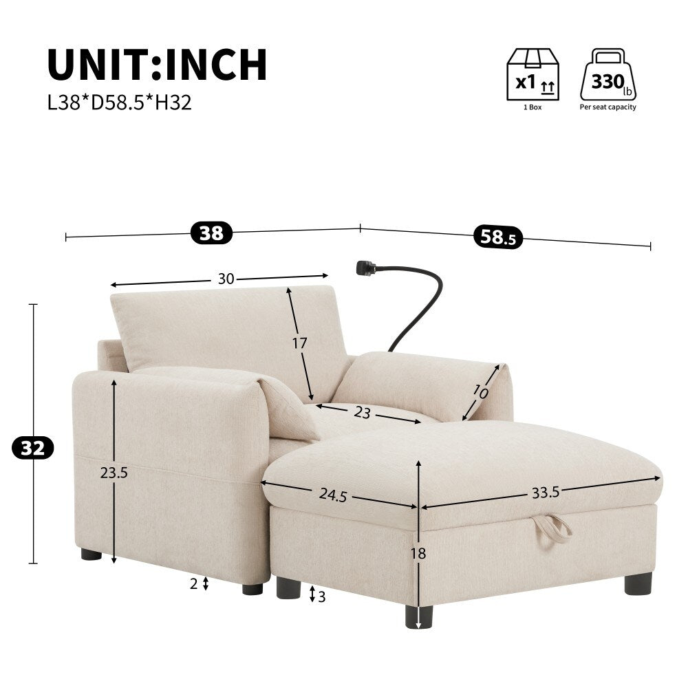 Canapé simple Chenille 38 avec pouf de rangement, chargeur USB, poches de rangement latérales et accoudoirs en forme d'oreiller.