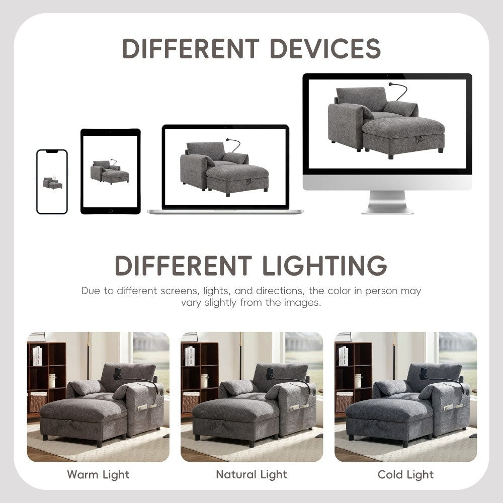 Canapé simple Chenille 38 avec pouf de rangement, chargeur USB, poches de rangement latérales et accoudoirs en forme d'oreiller.