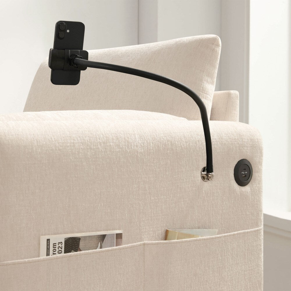 Canapé simple Chenille 38 avec pouf de rangement, chargeur USB, poches de rangement latérales et accoudoirs en forme d'oreiller.