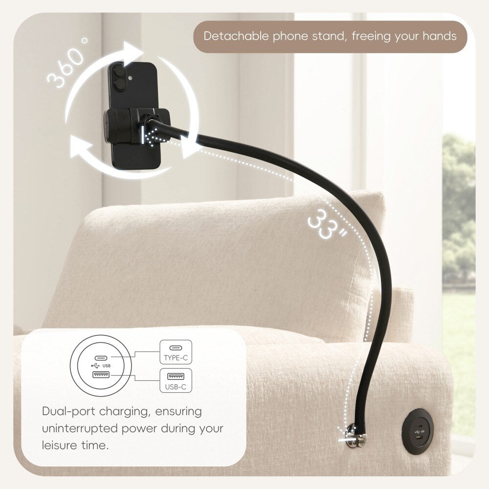 Canapé simple Chenille 38 avec pouf de rangement, chargeur USB, poches de rangement latérales et accoudoirs en forme d'oreiller.