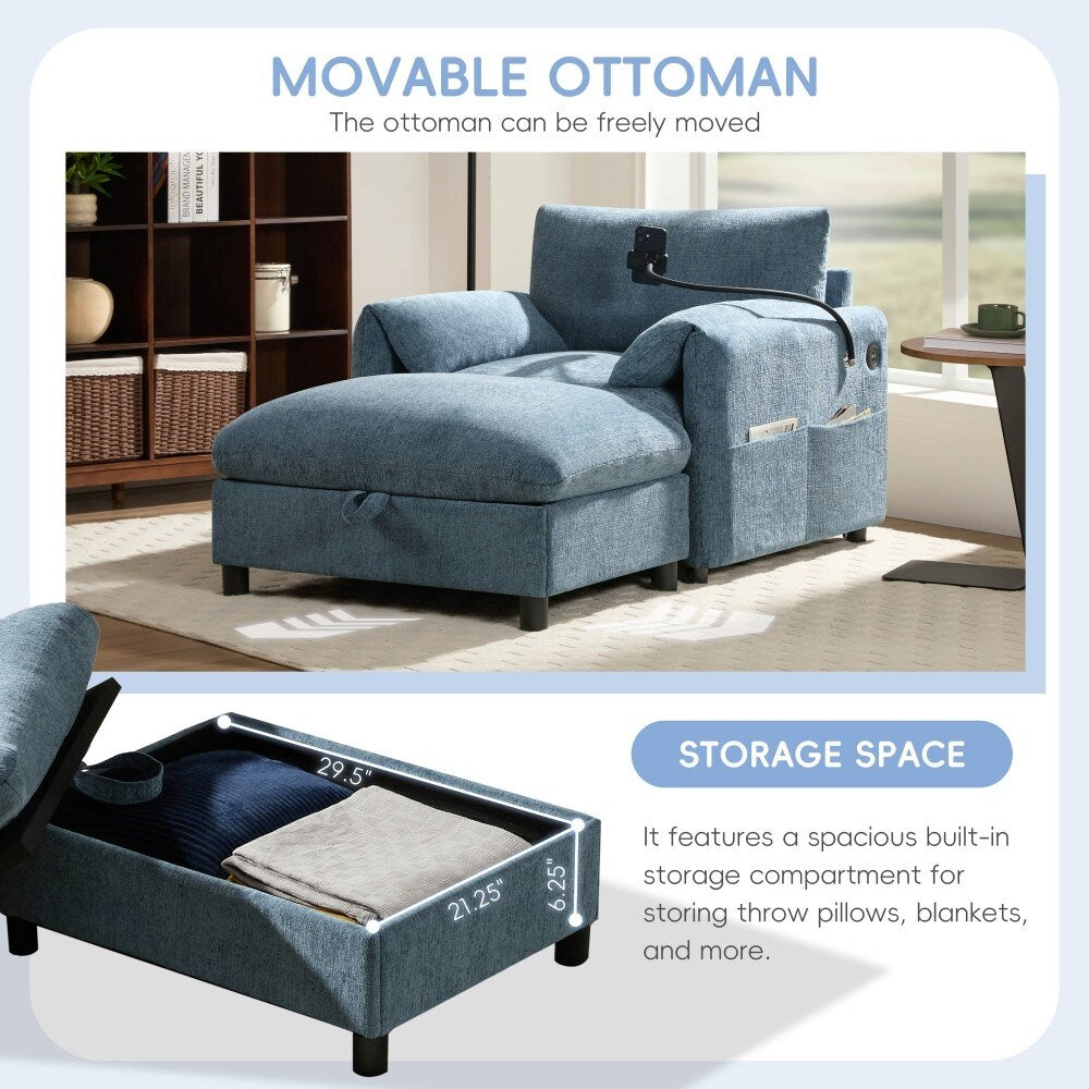 Canapé simple Chenille 38 avec pouf de rangement, chargeur USB, poches de rangement latérales et accoudoirs en forme d'oreiller.