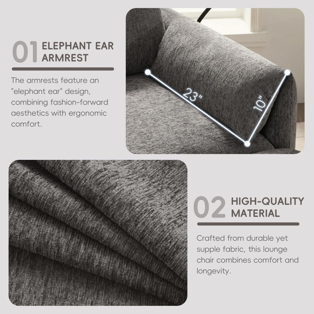 Canapé simple Chenille 38 avec pouf de rangement, chargeur USB, poches de rangement latérales et accoudoirs en forme d'oreiller.