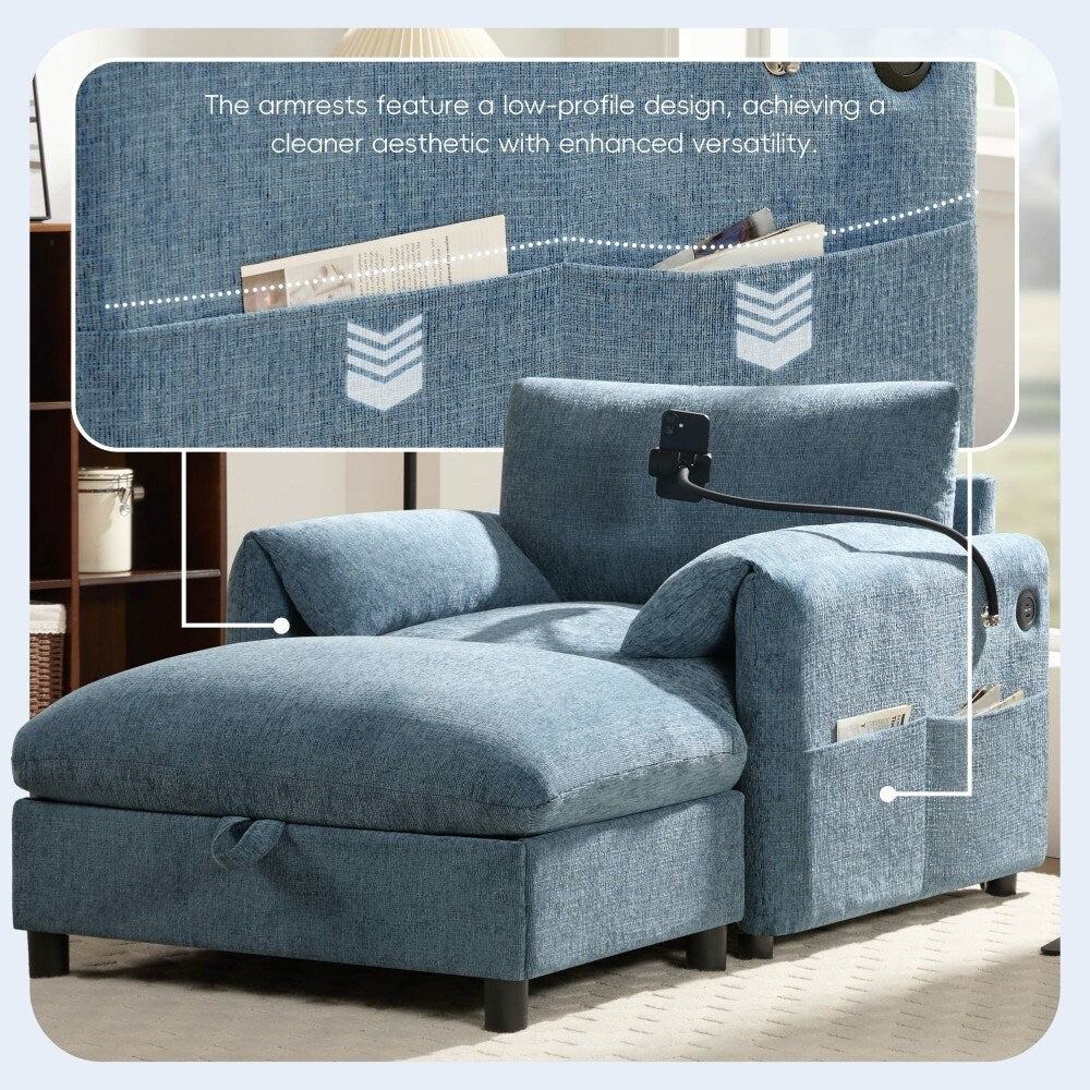 Canapé simple Chenille 38 avec pouf de rangement, chargeur USB, poches de rangement latérales et accoudoirs en forme d'oreiller.