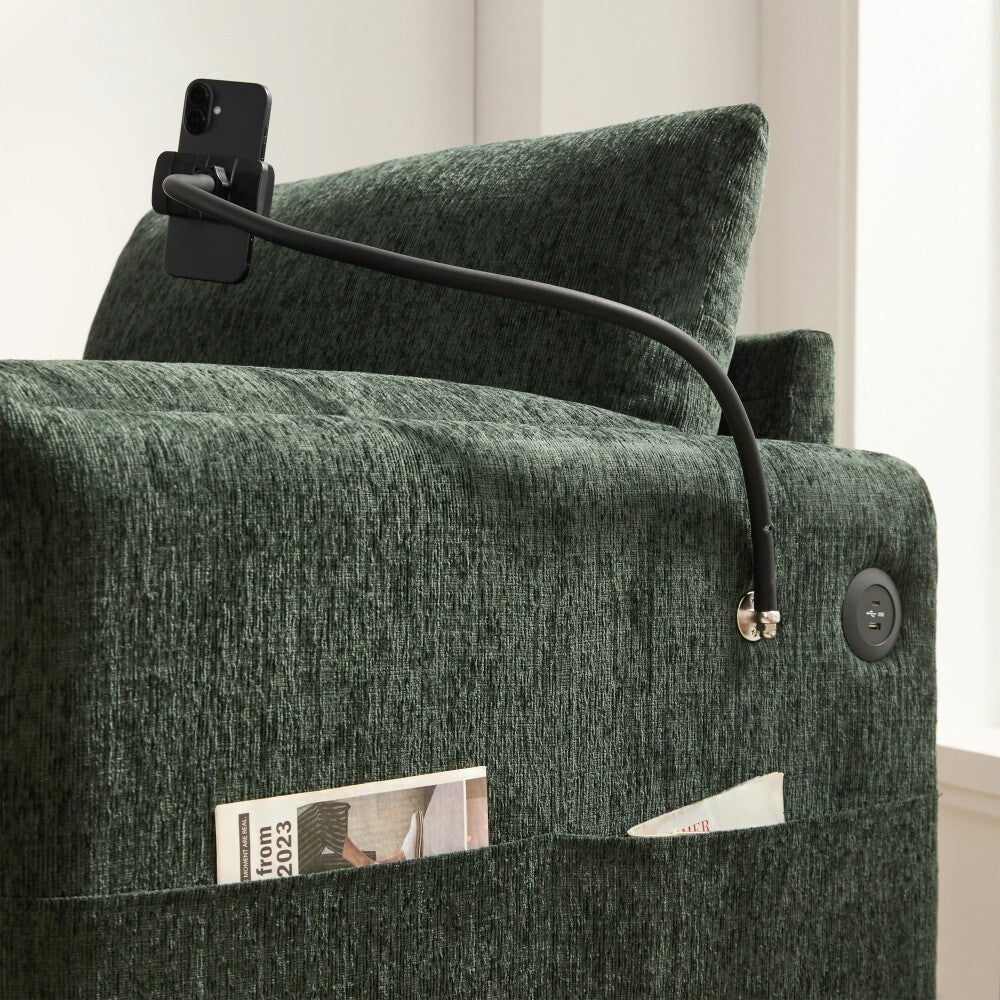 Canapé simple Chenille 38 avec pouf de rangement, chargeur USB, poches de rangement latérales et accoudoirs en forme d'oreiller.