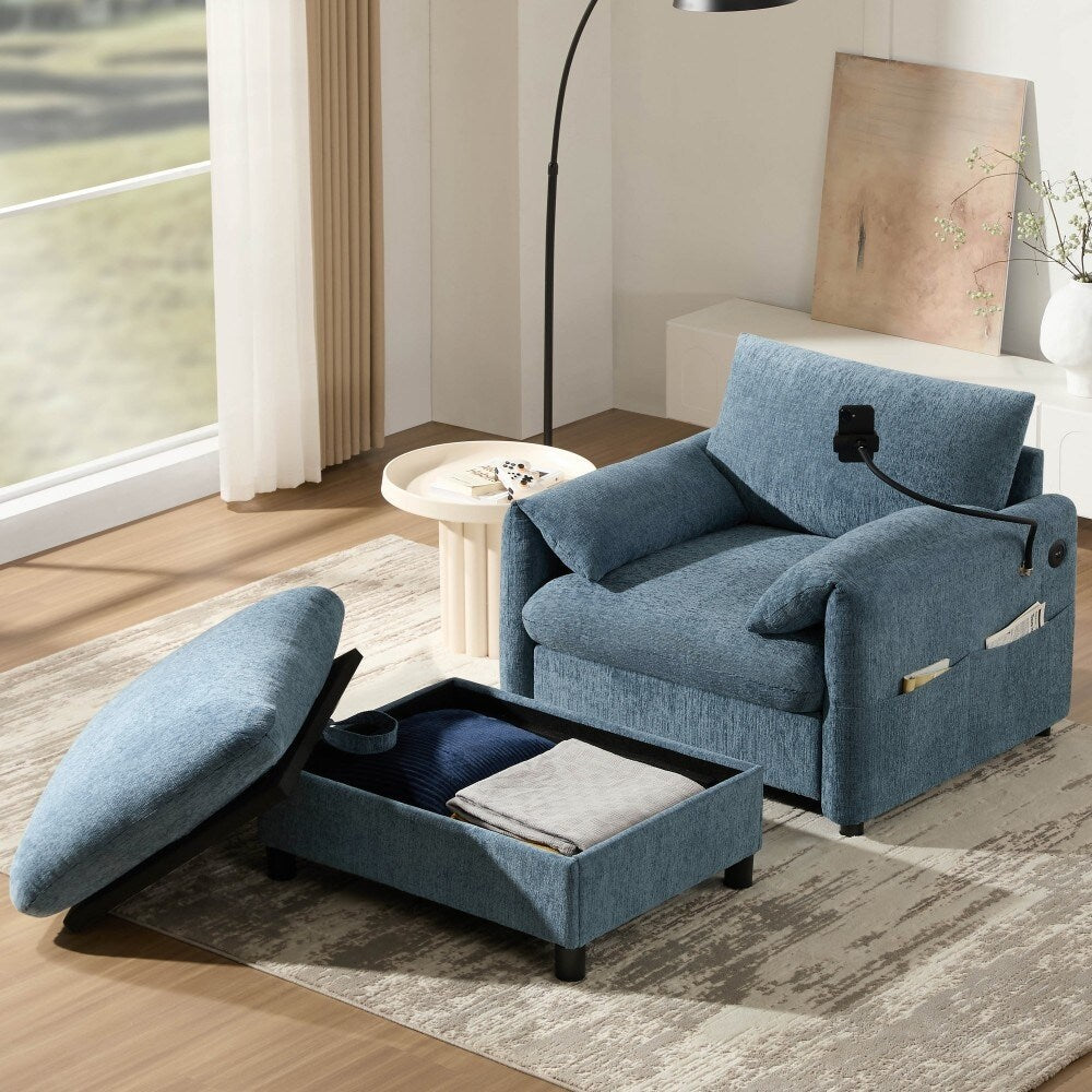 Canapé simple Chenille 38 avec pouf de rangement, chargeur USB, poches de rangement latérales et accoudoirs en forme d'oreiller.