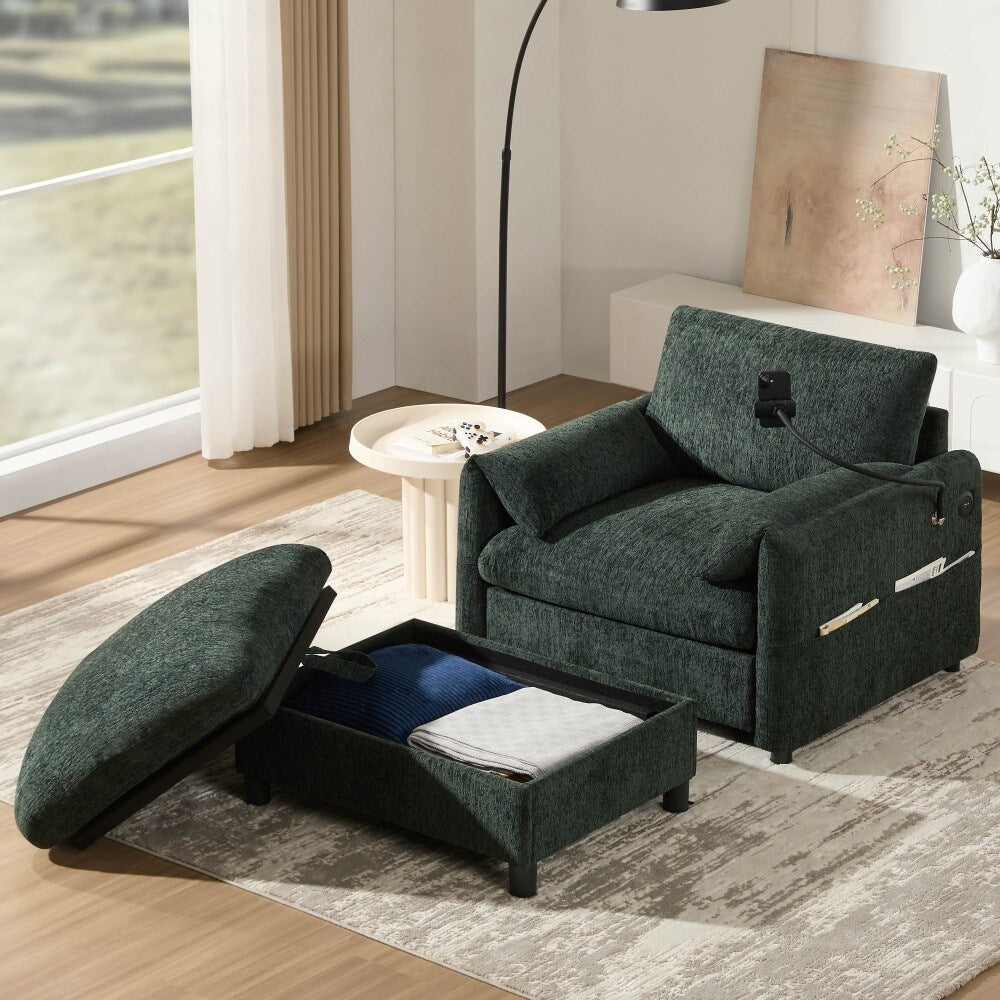 Canapé simple Chenille 38 avec pouf de rangement, chargeur USB, poches de rangement latérales et accoudoirs en forme d'oreiller.