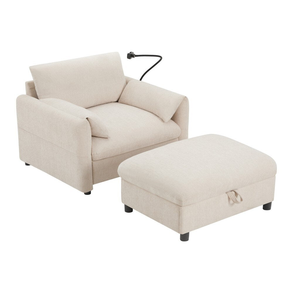 Canapé simple Chenille 38 avec pouf de rangement, chargeur USB, poches de rangement latérales et accoudoirs en forme d'oreiller.