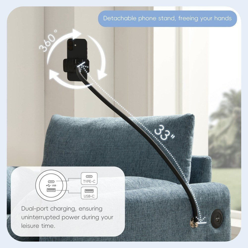 Canapé simple Chenille 38 avec pouf de rangement, chargeur USB, poches de rangement latérales et accoudoirs en forme d'oreiller.