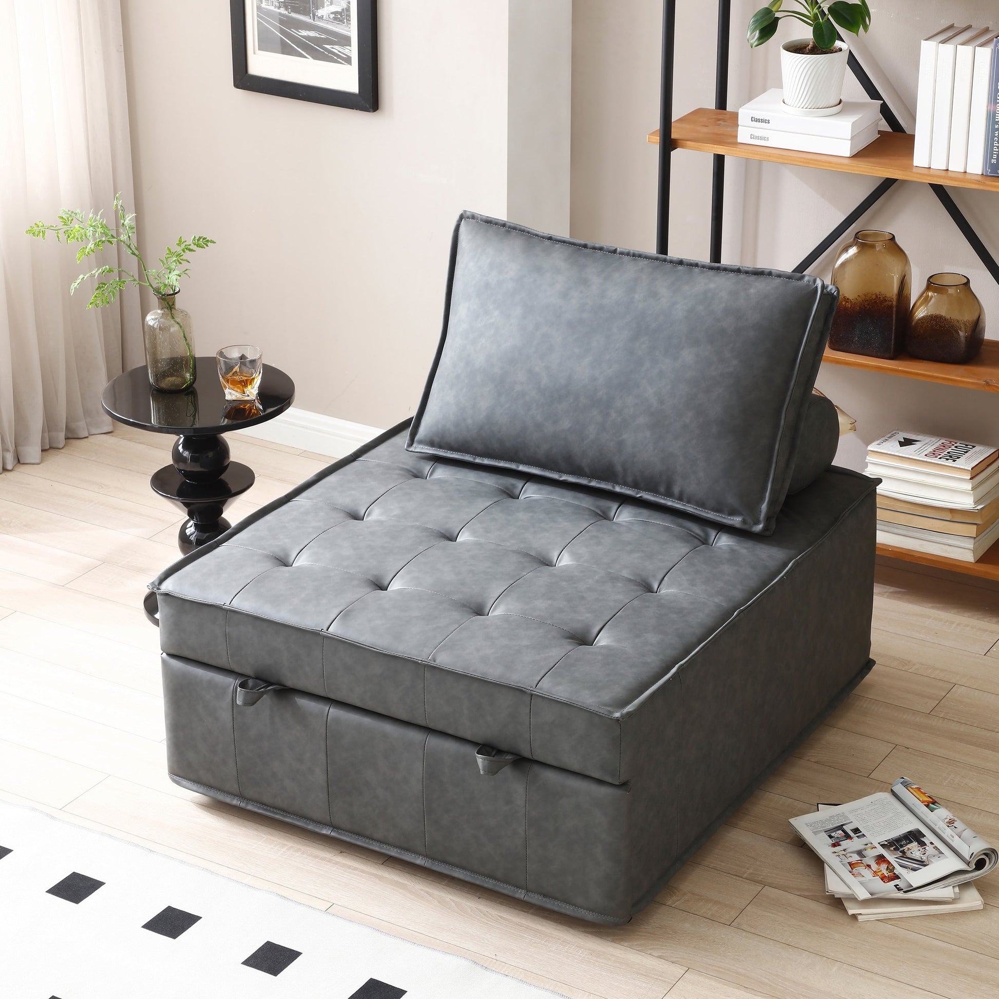 Canapé-lit gigogne multifonctionnel en simili cuir 39 pouces avec dossier et coussin réglables pour salon.