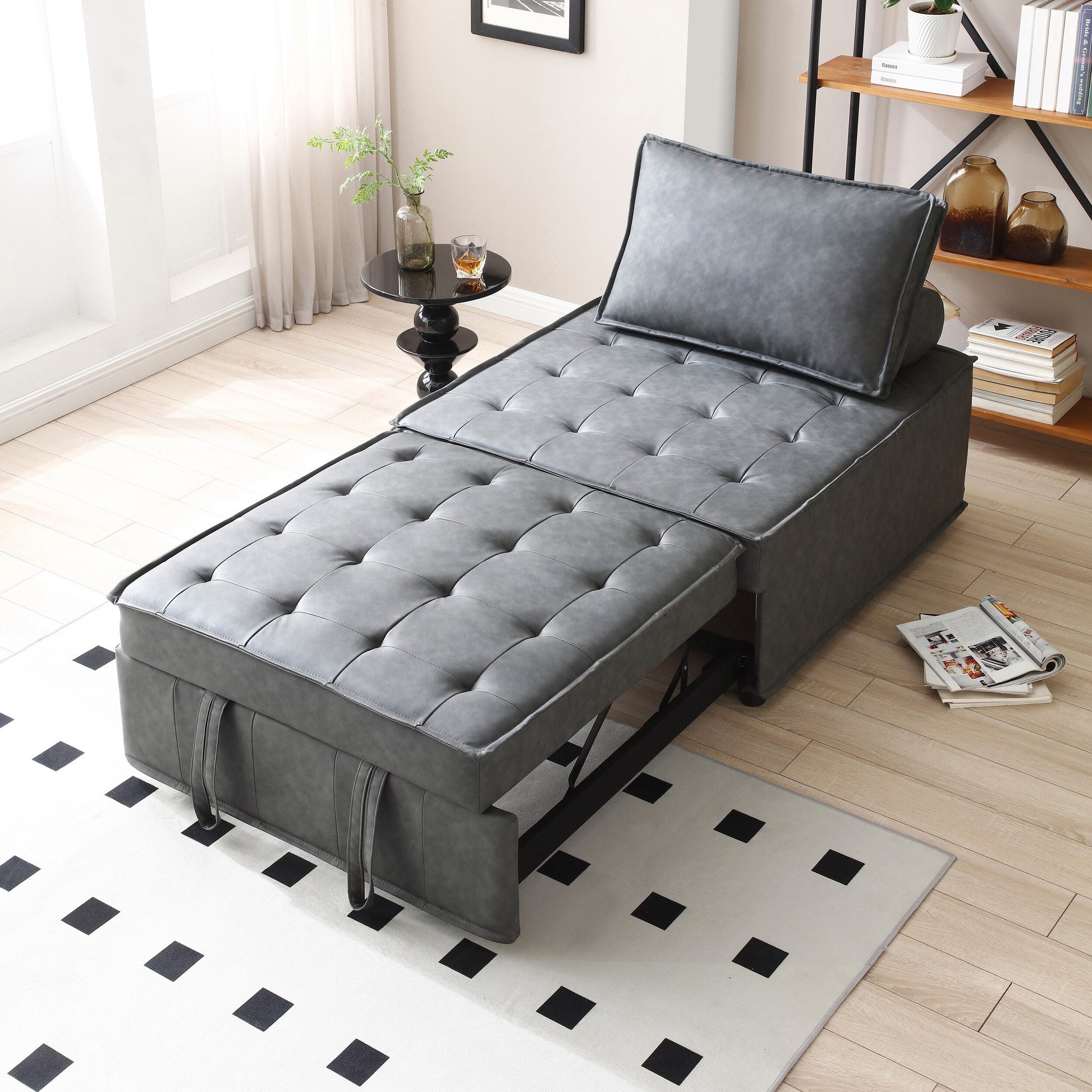 Canapé-lit gigogne multifonctionnel en simili cuir 39 pouces avec dossier et coussin réglables pour salon.