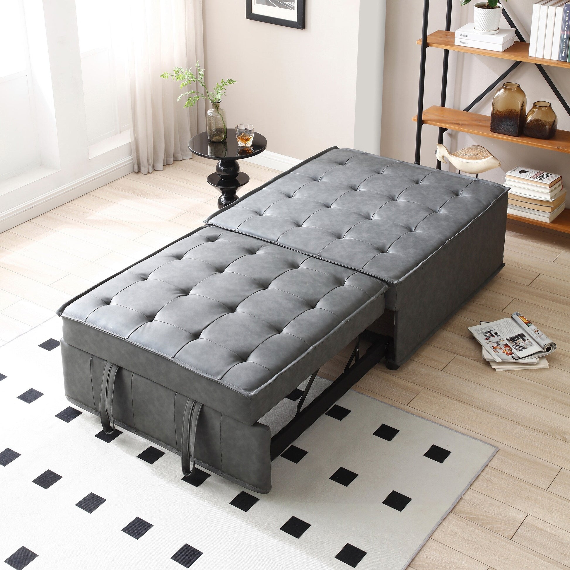 Canapé-lit gigogne multifonctionnel en simili cuir 39 pouces avec dossier et coussin réglables pour salon.
