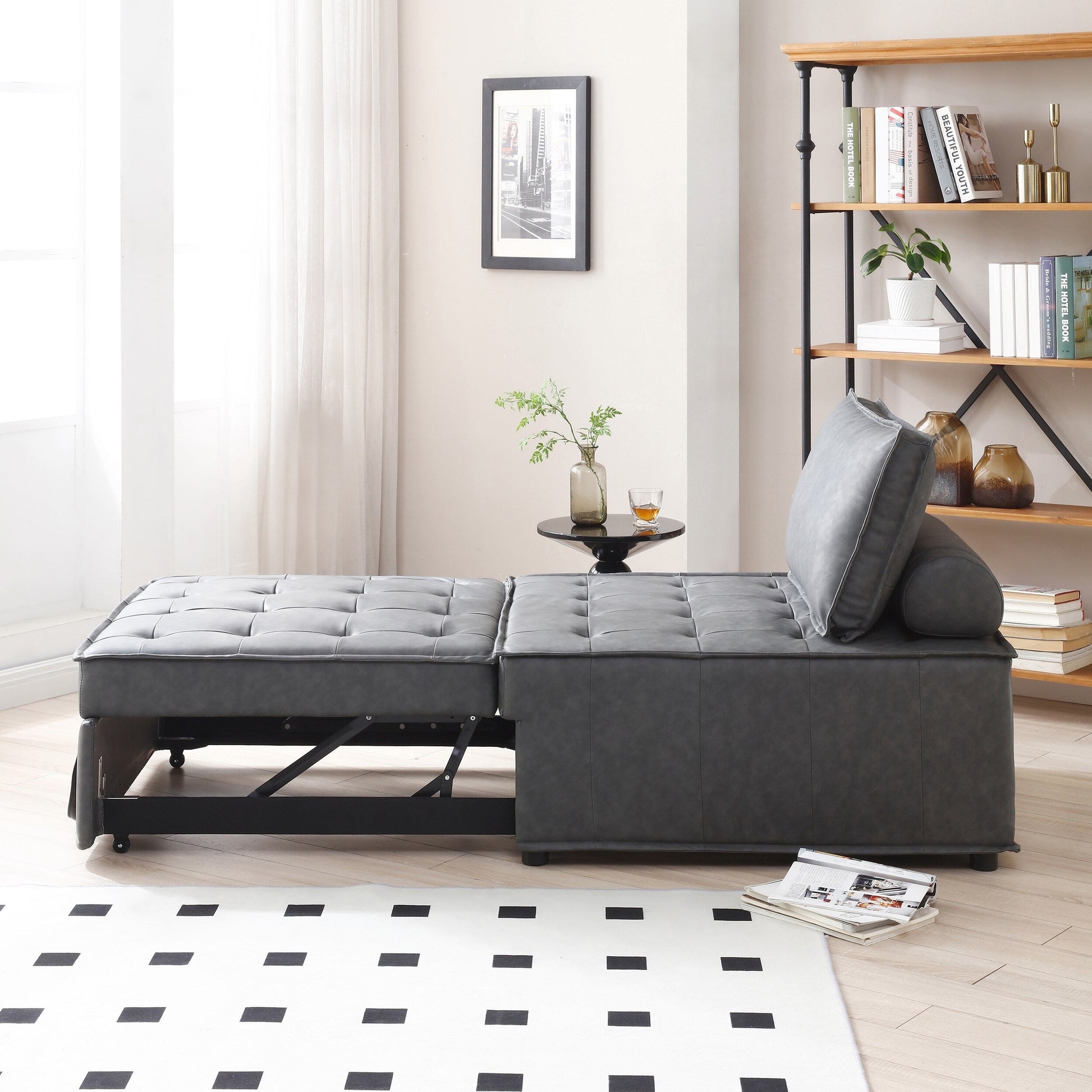 Canapé-lit gigogne multifonctionnel en simili cuir 39 pouces avec dossier et coussin réglables pour salon.