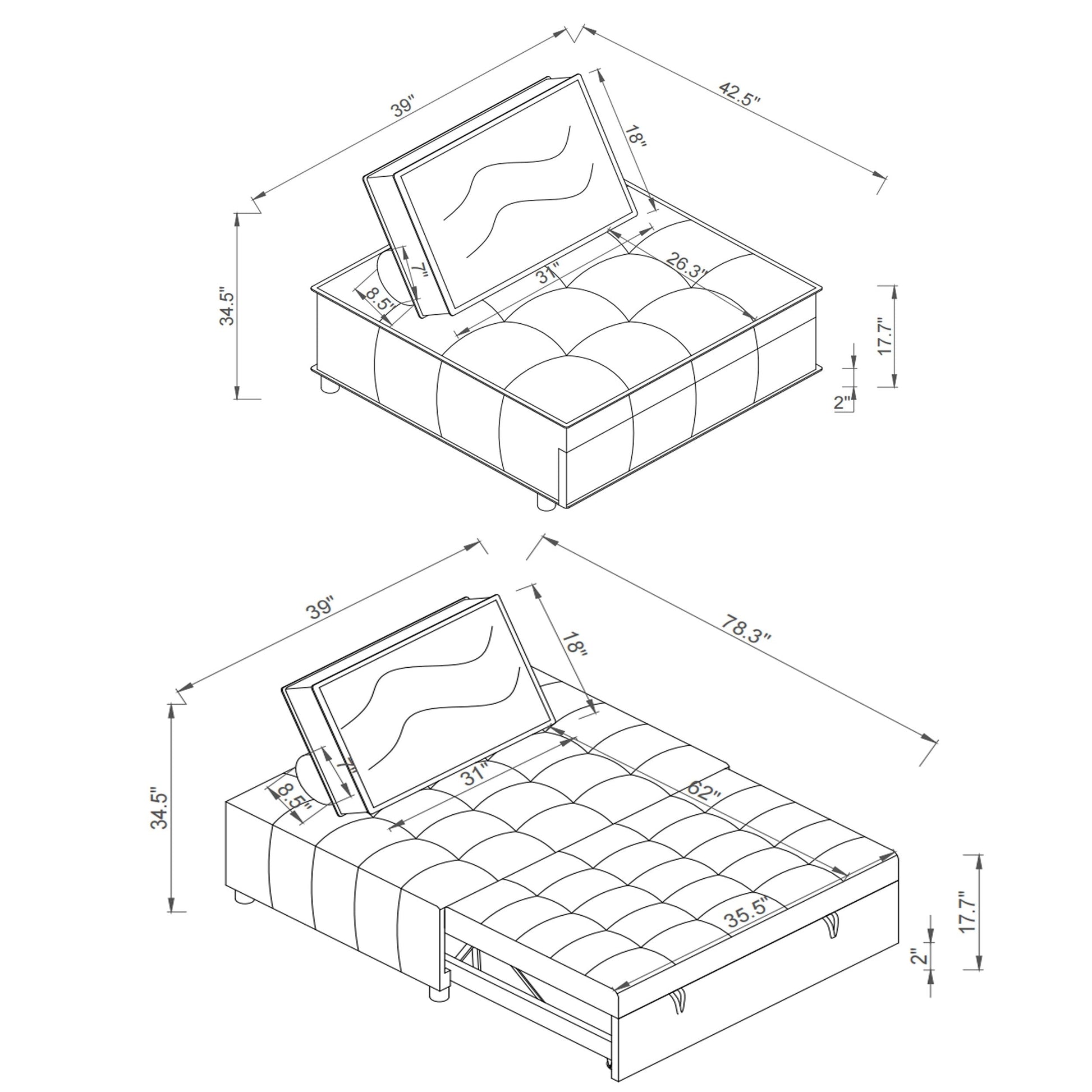Canapé-lit gigogne multifonctionnel en simili cuir 39 pouces avec dossier et coussin réglables pour salon.