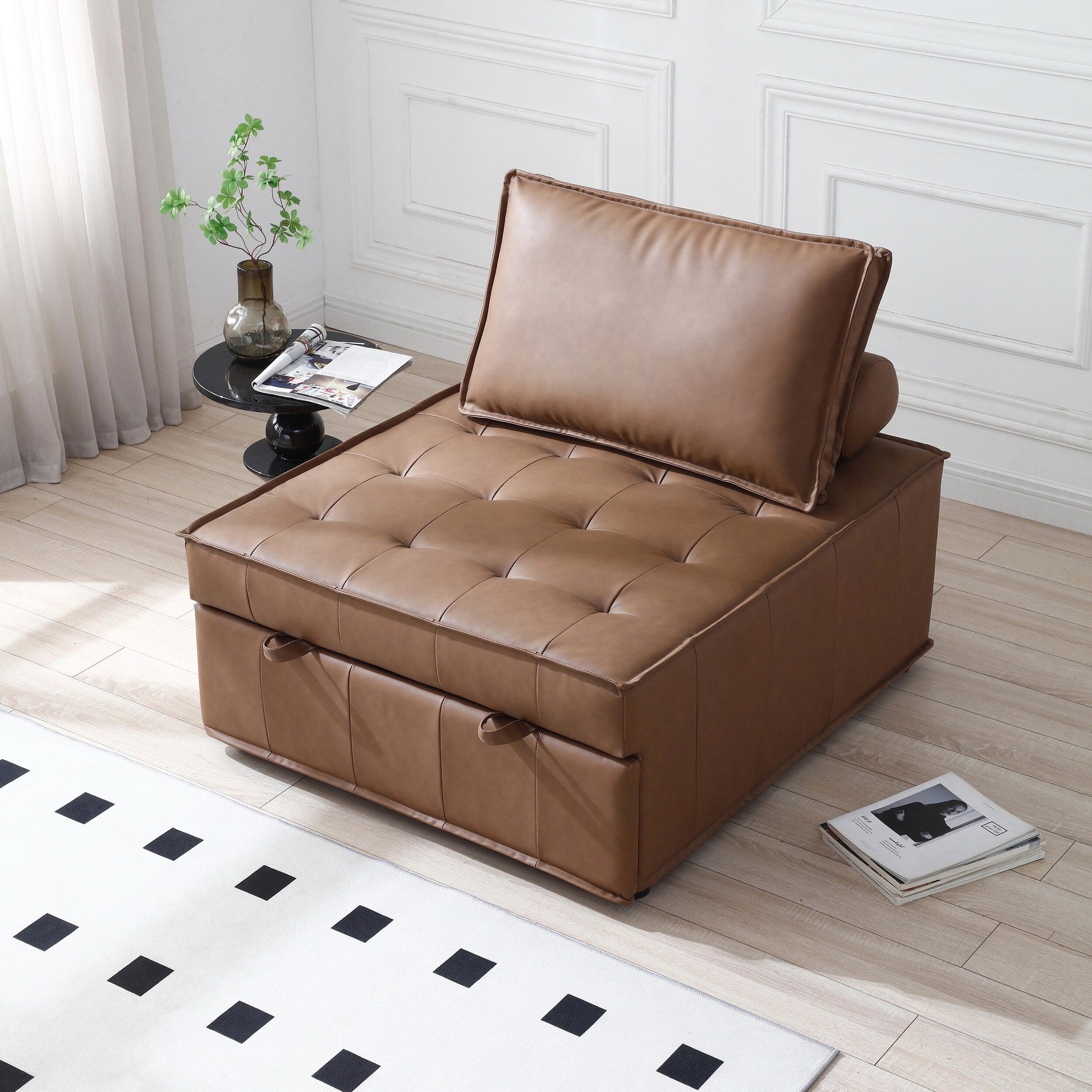 Canapé-lit gigogne multifonctionnel en simili cuir 39 pouces avec dossier et coussin réglables pour salon.