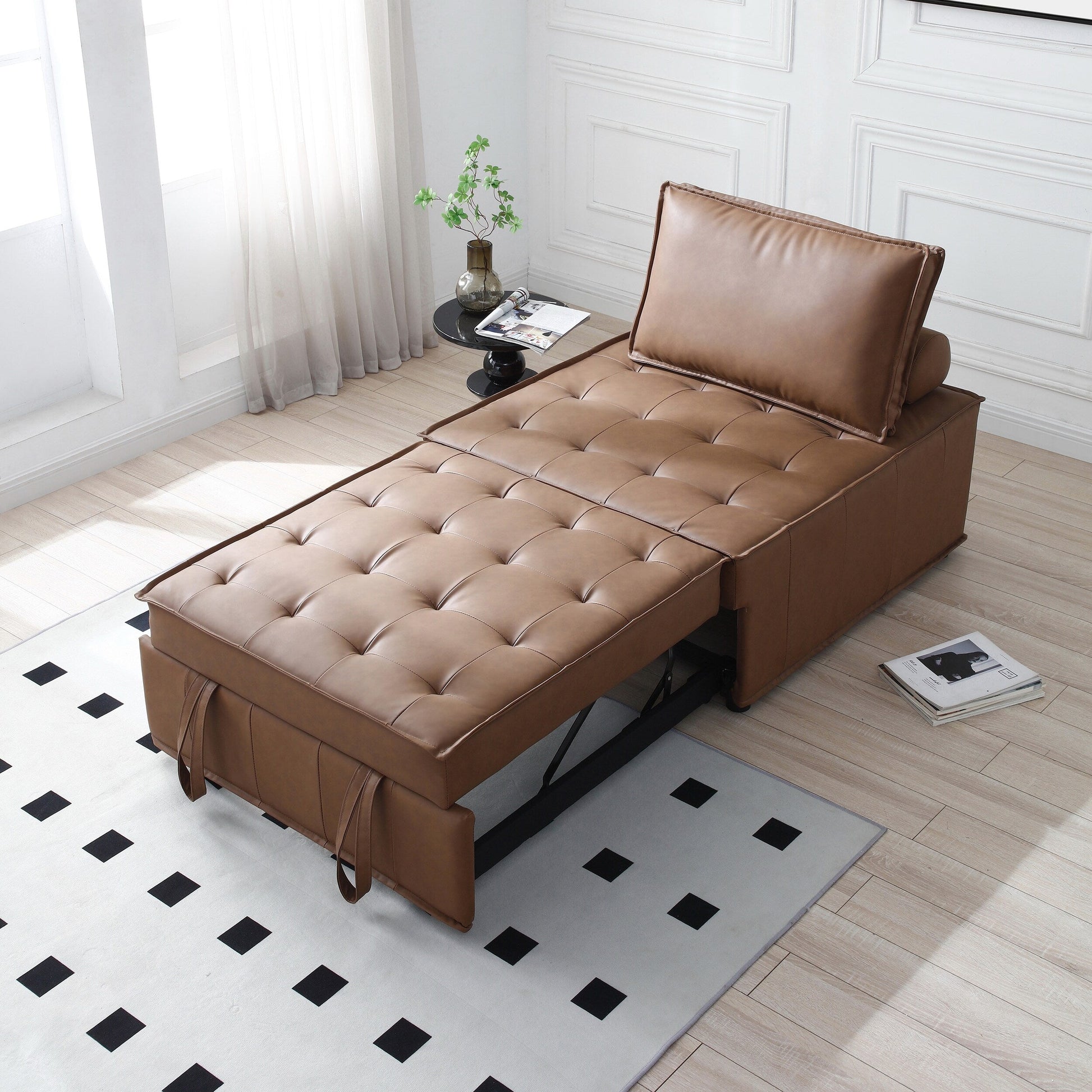 Canapé-lit gigogne multifonctionnel en simili cuir 39 pouces avec dossier et coussin réglables pour salon.