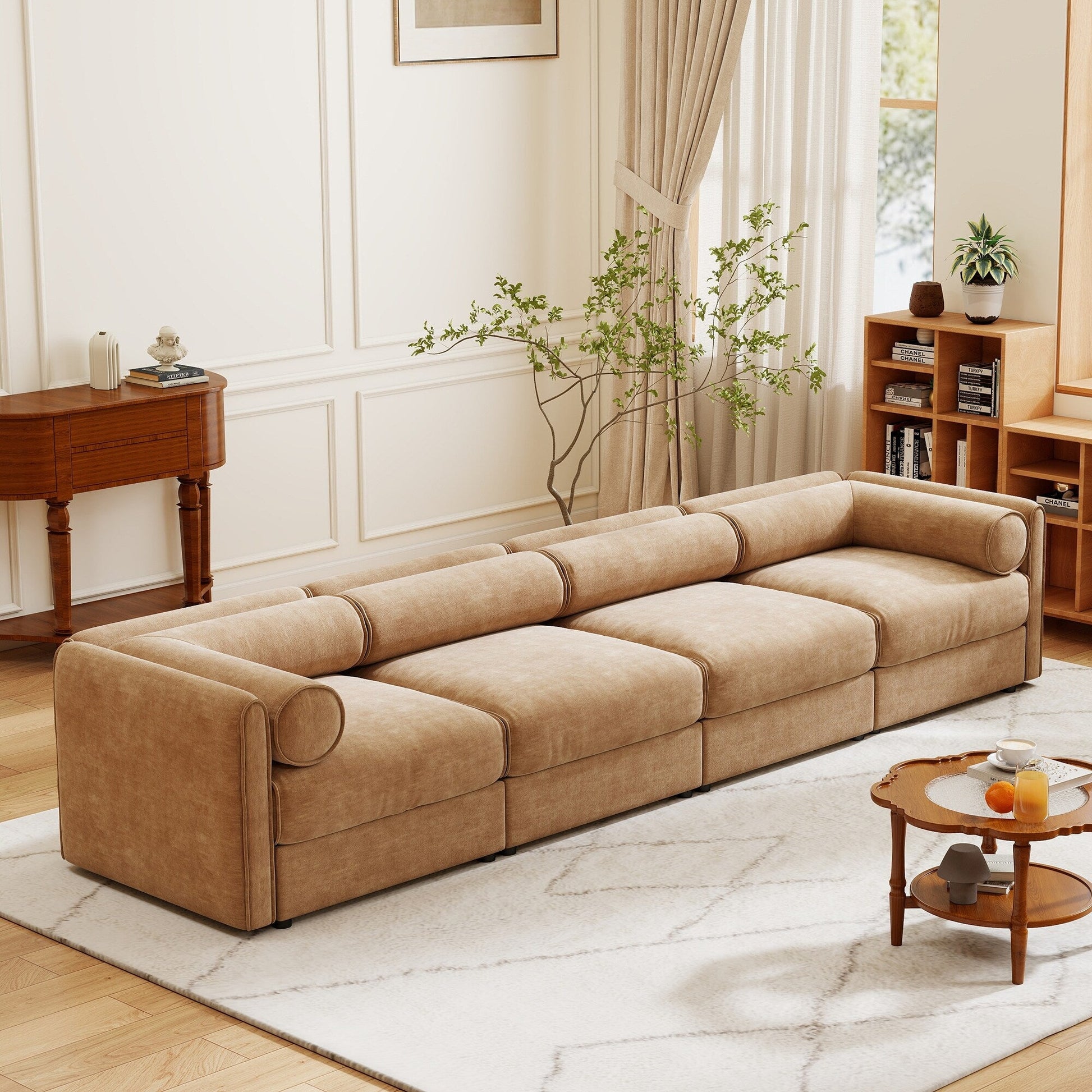 Canapé d'angle modulaire 4 pièces - Chaise longue avec coffre de rangement et dossiers cylindriques, assise profonde
