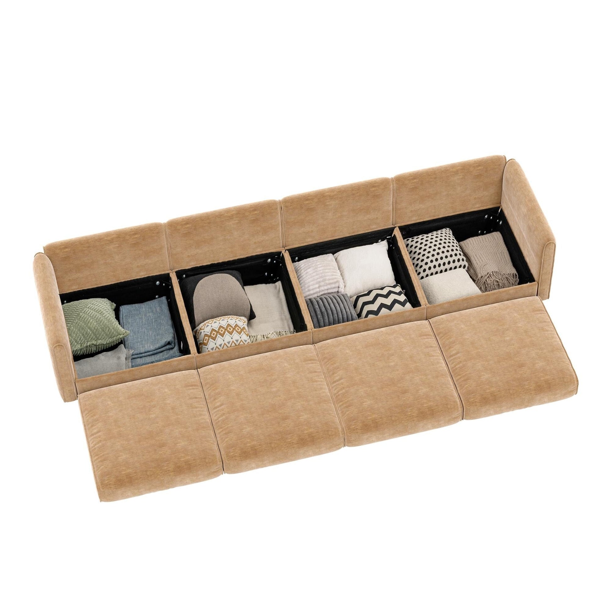 Canapé d'angle modulaire 4 pièces - Chaise longue avec coffre de rangement et dossiers cylindriques, assise profonde