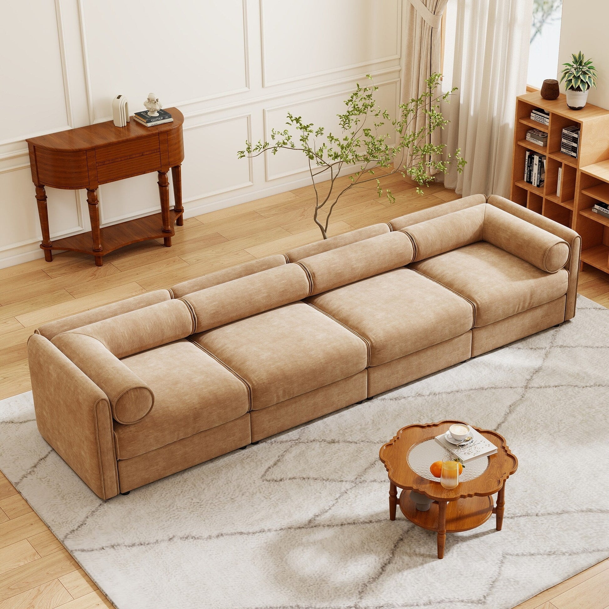 Canapé d'angle modulaire 4 pièces - Chaise longue avec coffre de rangement et dossiers cylindriques, assise profonde