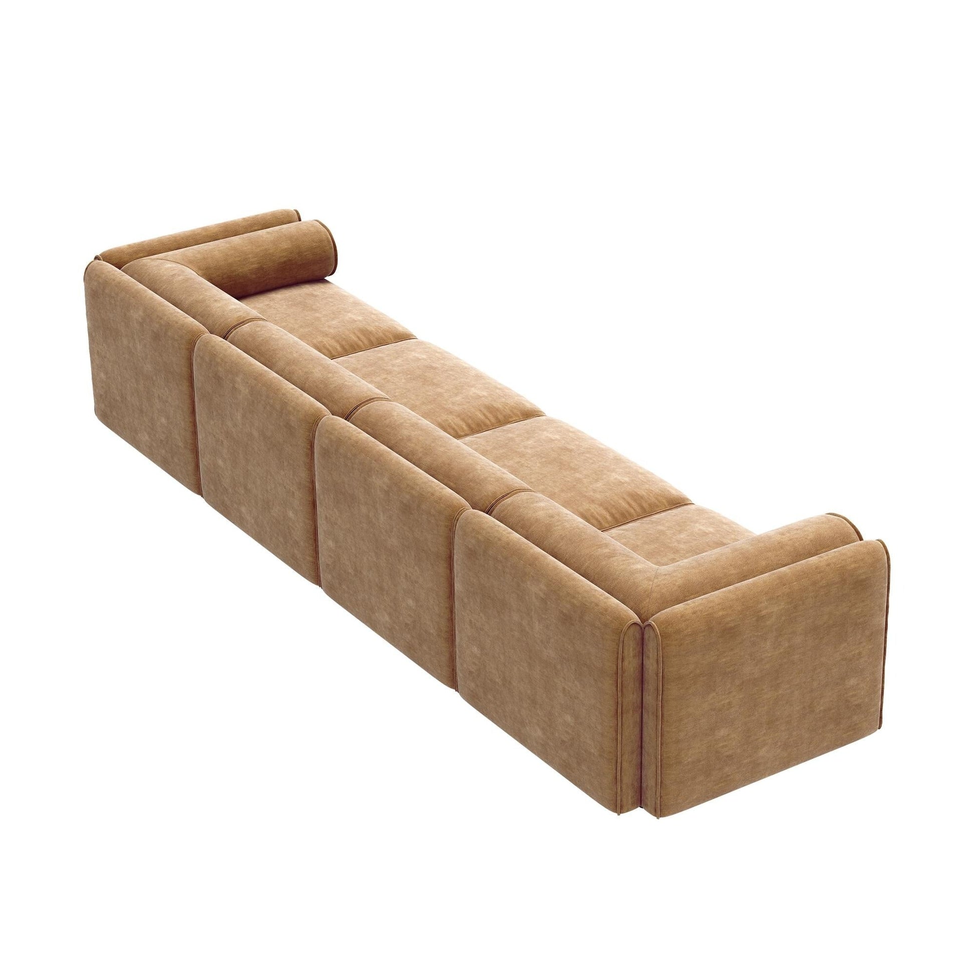 Canapé d'angle modulaire 4 pièces - Chaise longue avec coffre de rangement et dossiers cylindriques, assise profonde