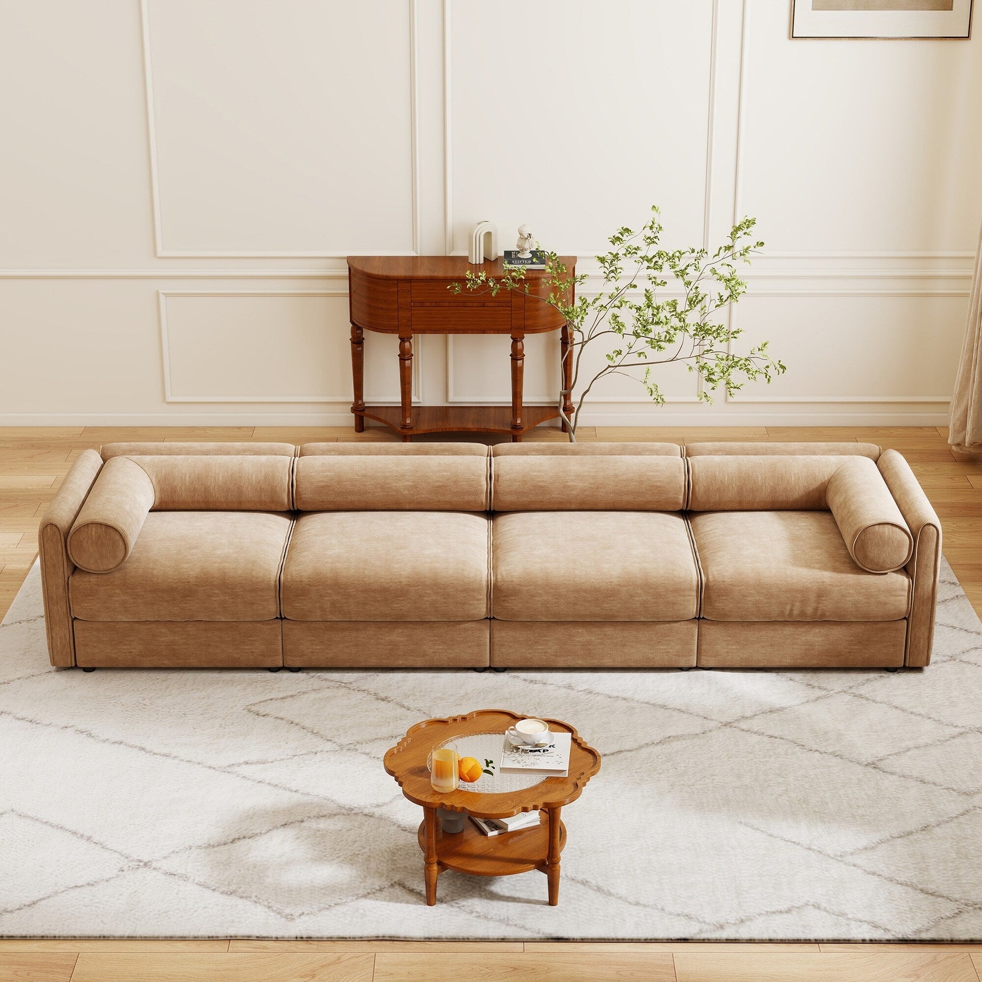 Canapé d'angle modulaire 4 pièces - Chaise longue avec coffre de rangement et dossiers cylindriques, assise profonde