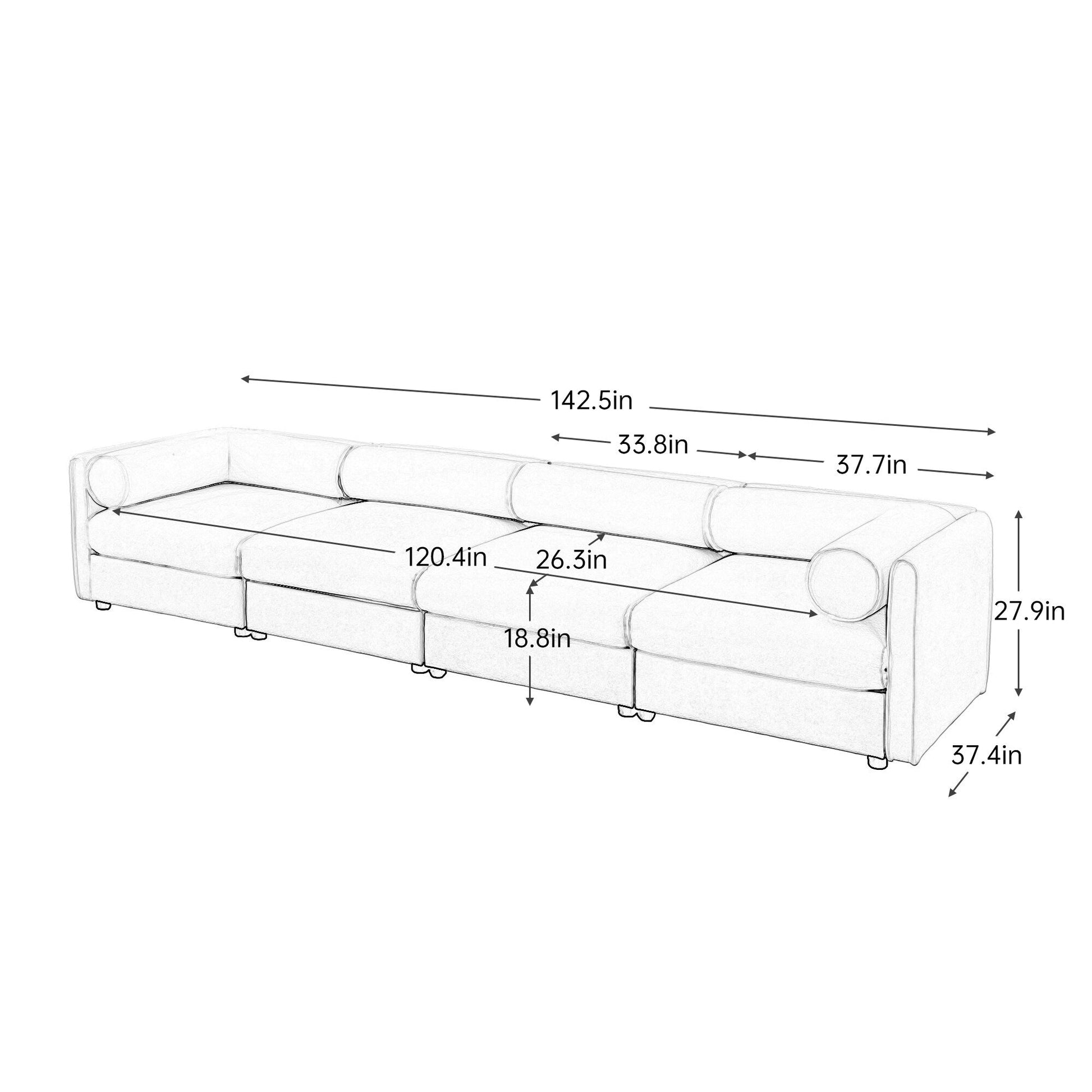 Canapé d'angle modulaire 4 pièces - Chaise longue avec coffre de rangement et dossiers cylindriques, assise profonde