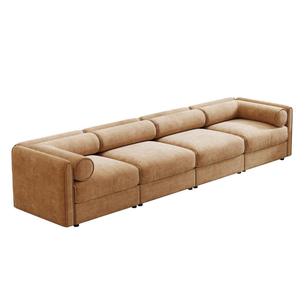 Canapé d'angle modulaire 4 pièces - Chaise longue avec coffre de rangement et dossiers cylindriques, assise profonde