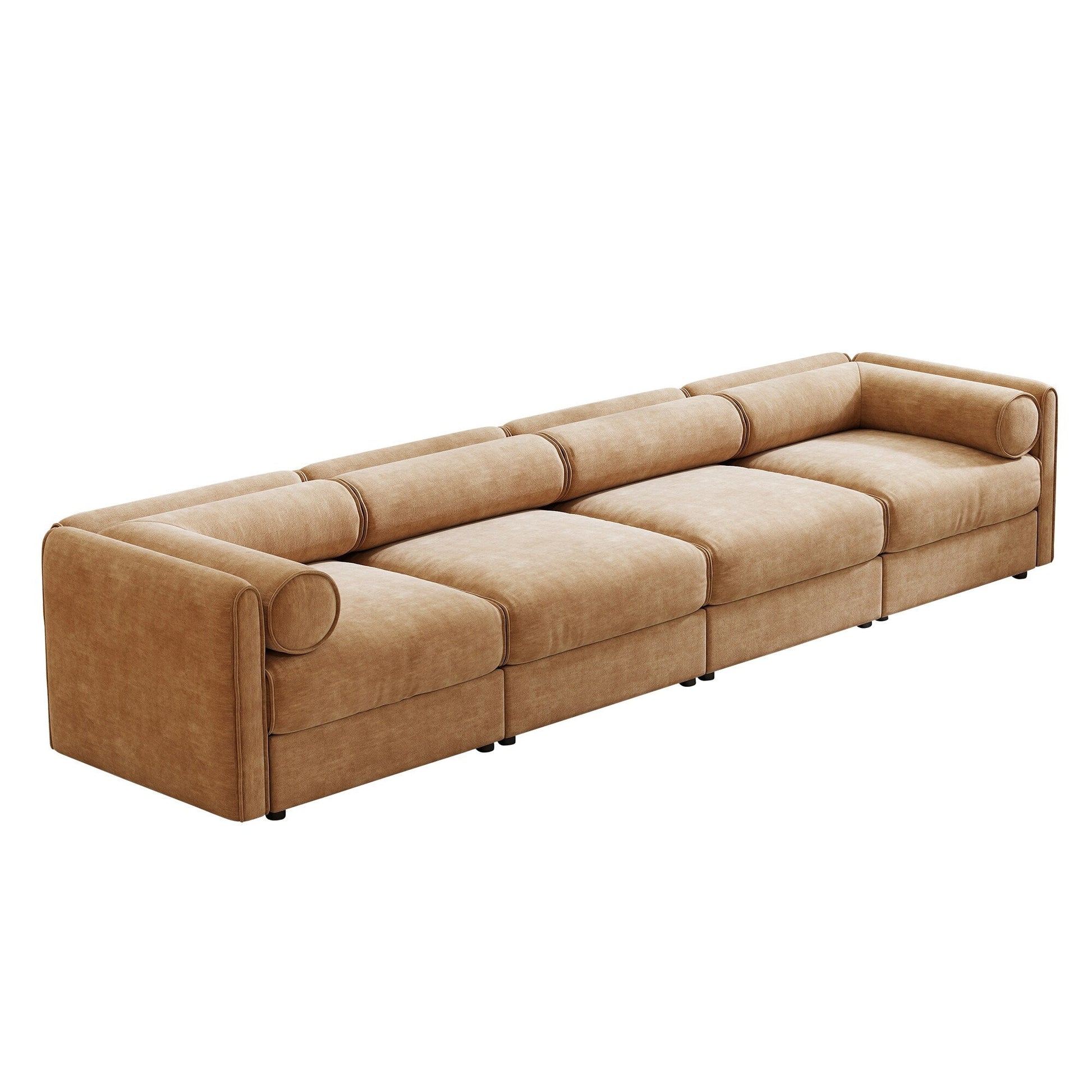 Canapé d'angle modulaire 4 pièces - Chaise longue avec coffre de rangement et dossiers cylindriques, assise profonde