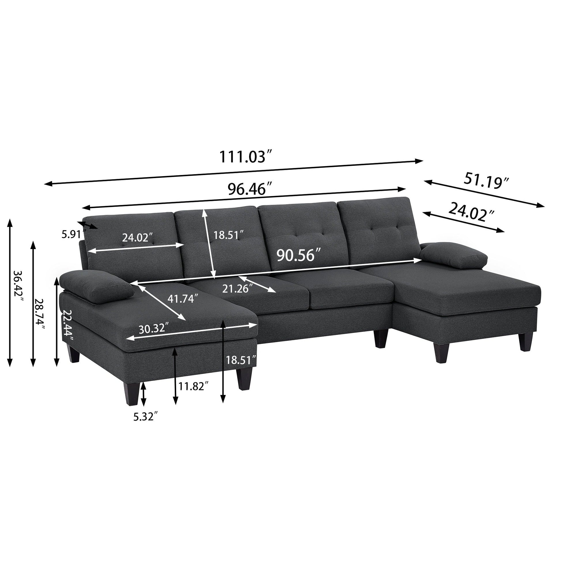 Canapé d'angle en forme de U avec 4 places et méridienne double pour salon.