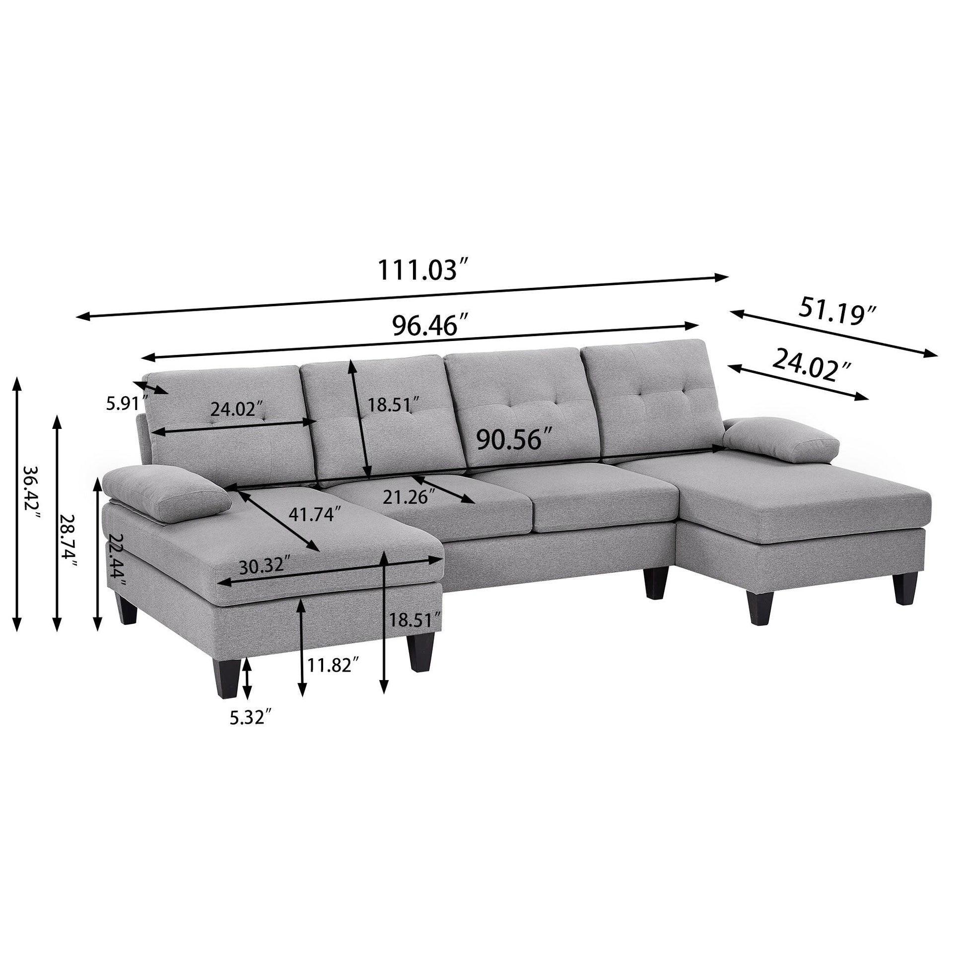 Canapé d'angle en forme de U avec 4 places et méridienne double pour salon.