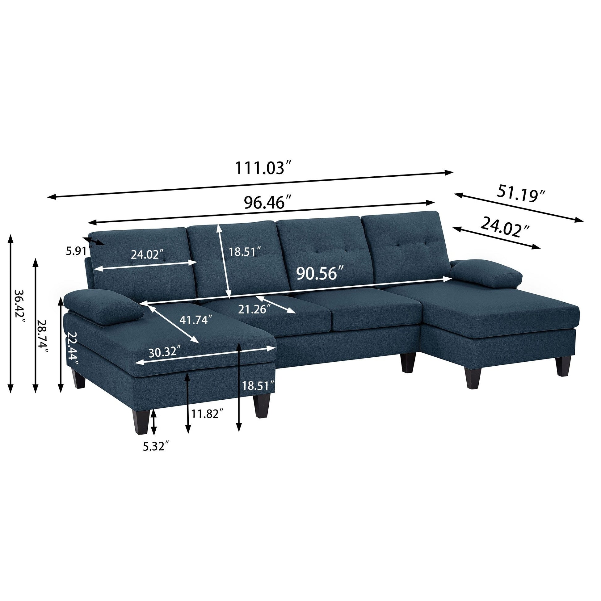Canapé d'angle en forme de U avec 4 places et méridienne double pour salon.