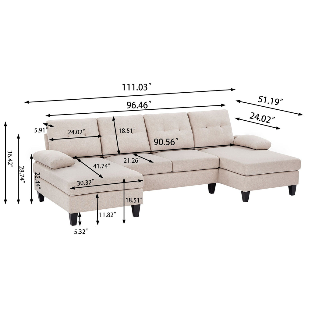 Canapé d'angle en forme de U avec 4 places et méridienne double pour salon.