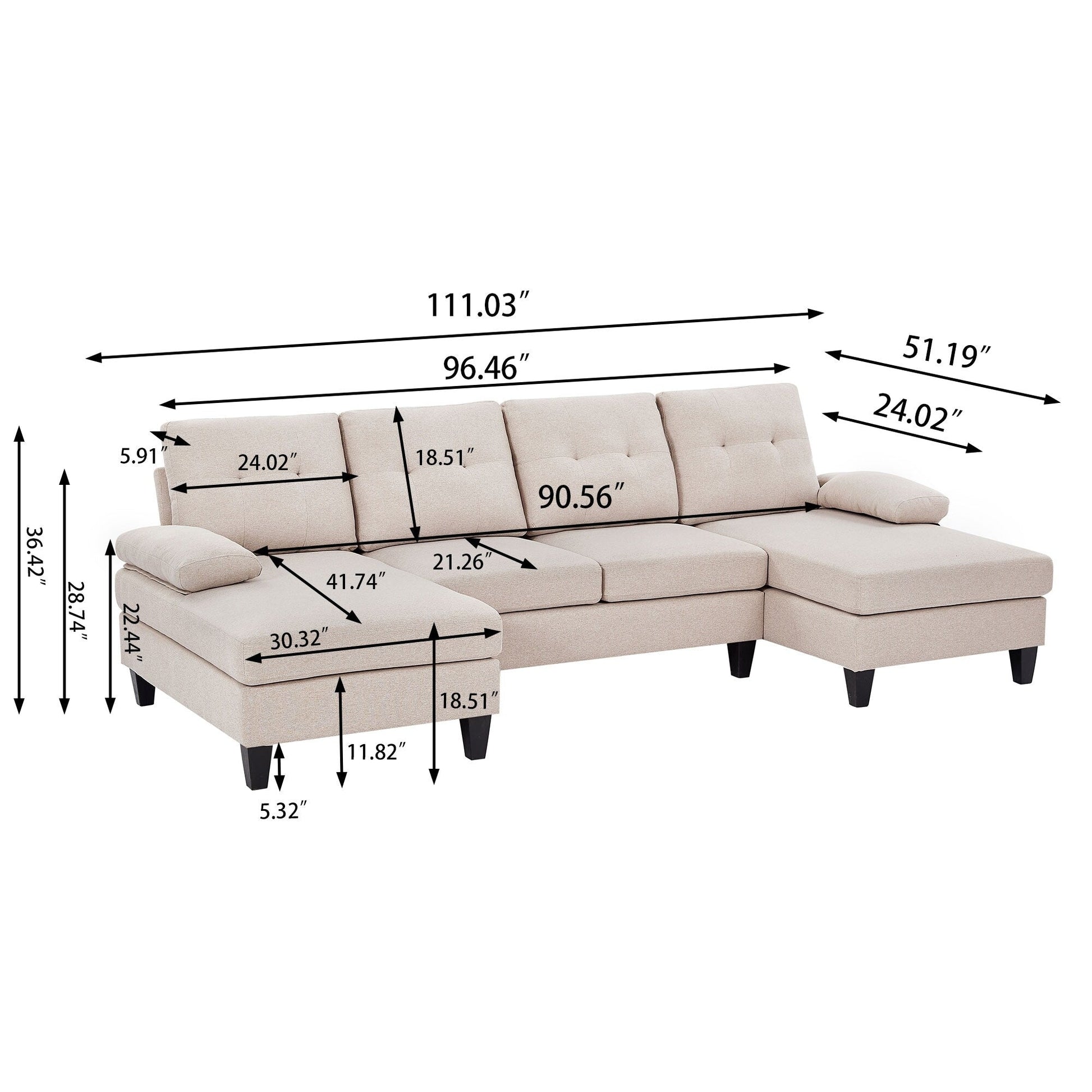 Canapé d'angle en forme de U avec 4 places et méridienne double pour salon.