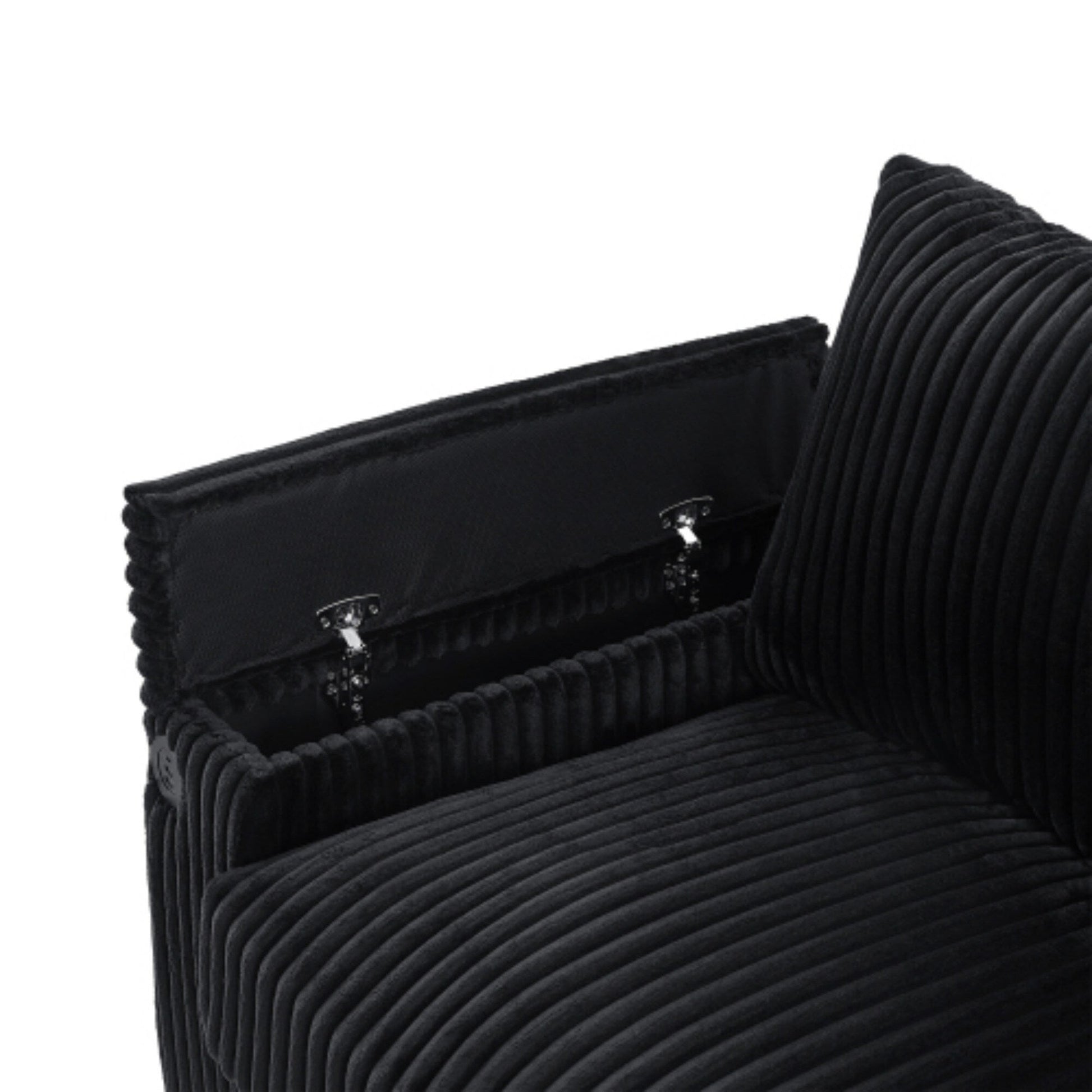 Canapé-lit moderne en velours côtelé 4 places avec ports USB, rangement caché et porte-gobelets à rabat.