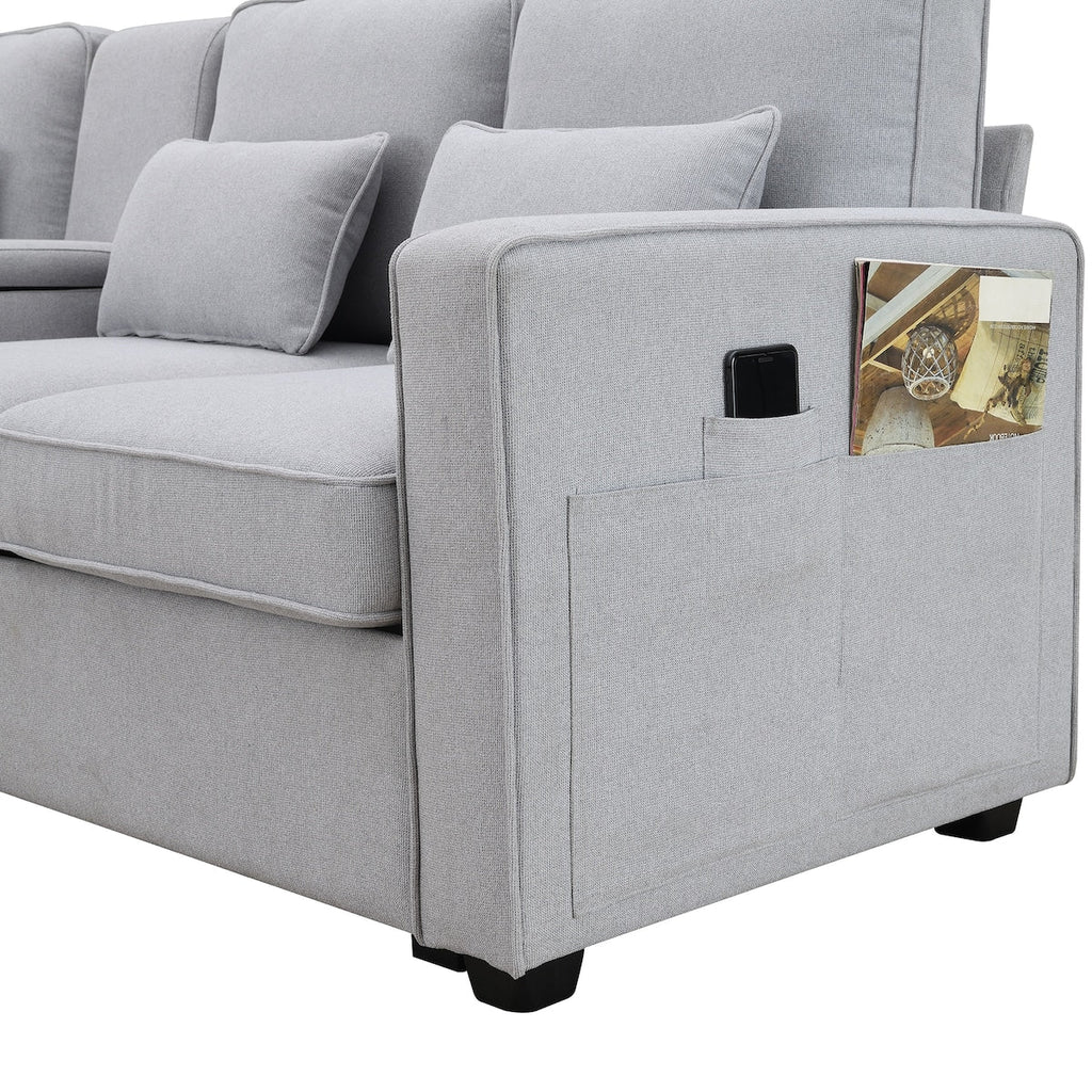 Canapé moderne 4 places en tissu lin avec poches sur les accoudoirs et 4 coussins