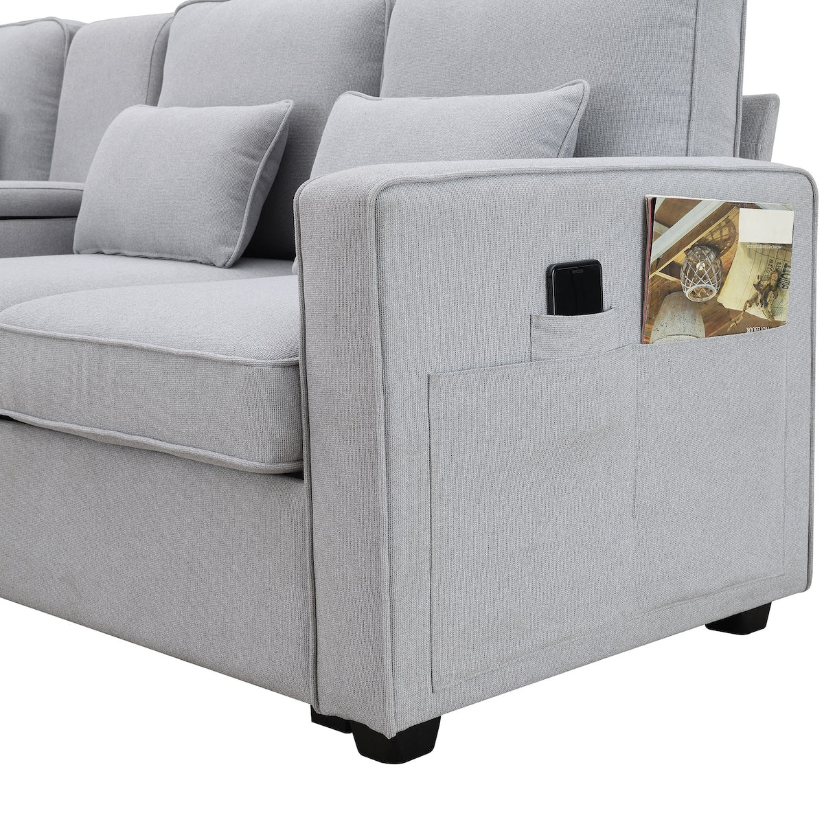 Canapé moderne 4 places en tissu lin avec poches sur les accoudoirs et 4 coussins