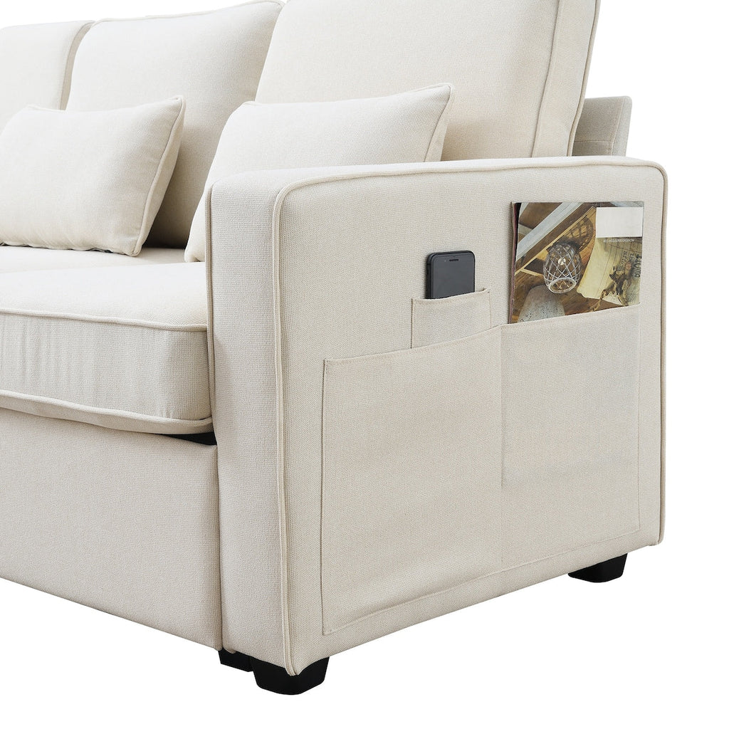 Canapé moderne 4 places en tissu lin avec poches sur les accoudoirs et 4 coussins
