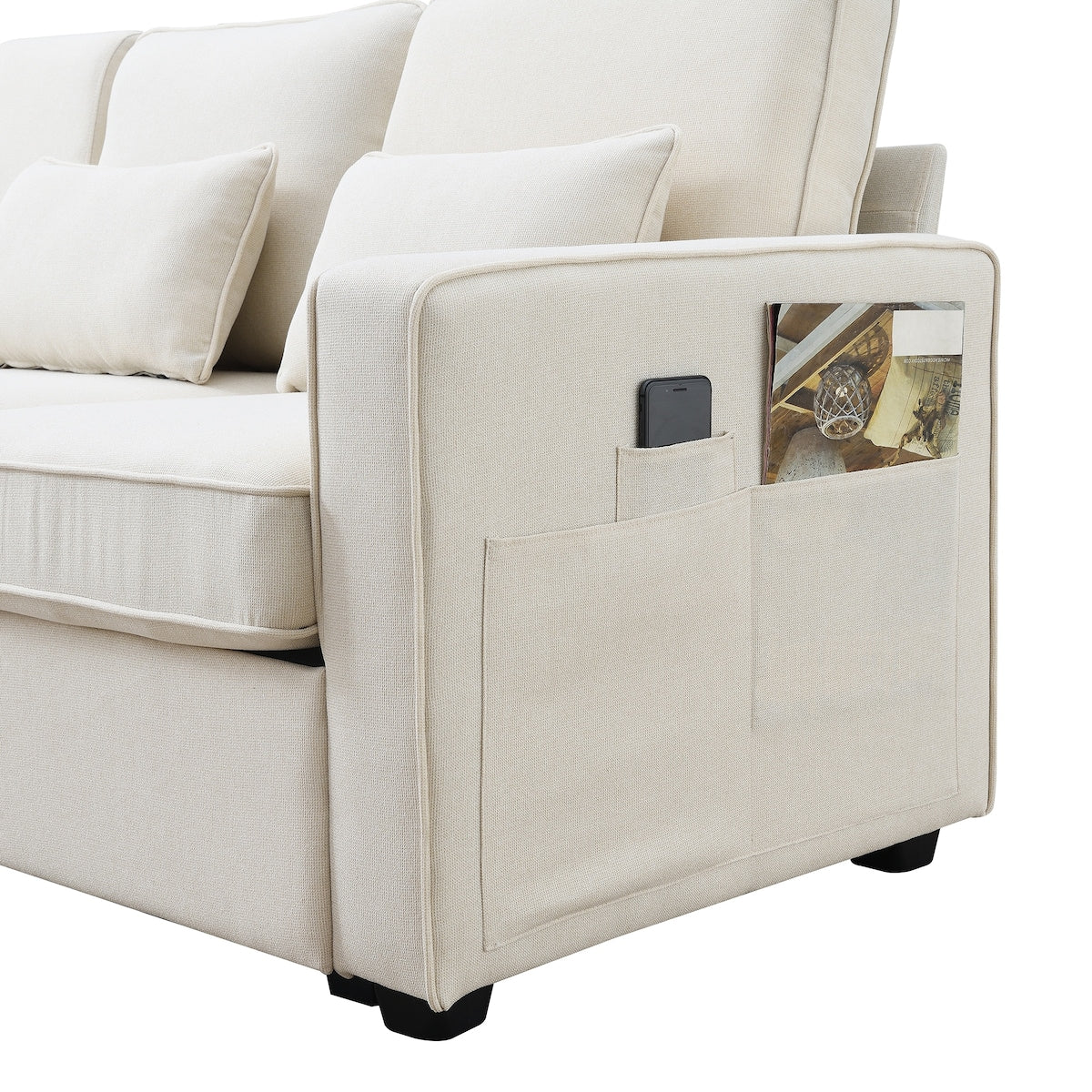 Canapé moderne 4 places en tissu lin avec poches sur les accoudoirs et 4 coussins